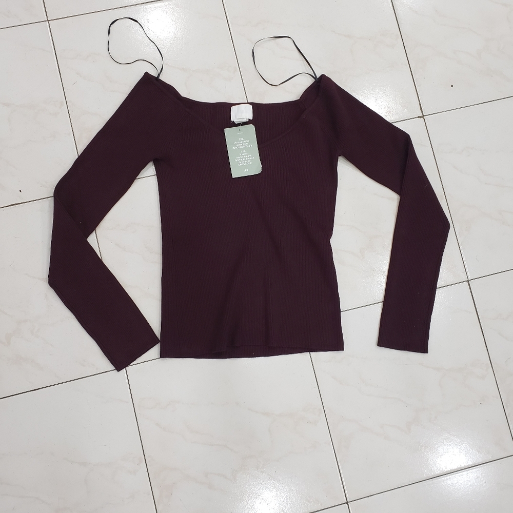 H&M Women's Burgundy Off-Shoulder Top Size: L - Picture 2 of 5